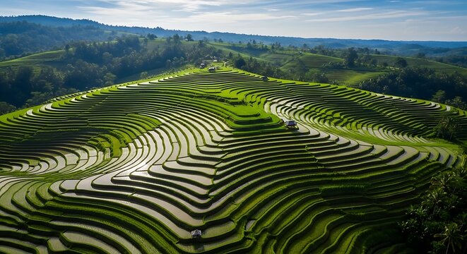 Aerial view of lush green rice terraces in a rural landscape