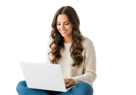 Young woman with long wavy brown hair wearing a cream sweater and blue jeans using a laptop isolated on transparent background
