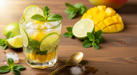 Fototapeta premium A vibrant, refreshing mango and lime mojito-style drink with mint and ice on a wooden table