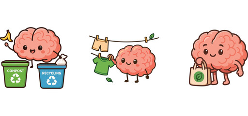 cute brain character sorting waste into recycling bins