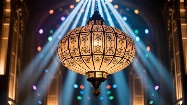 Ornate traditional lantern glowing under vibrant stage spotlights.