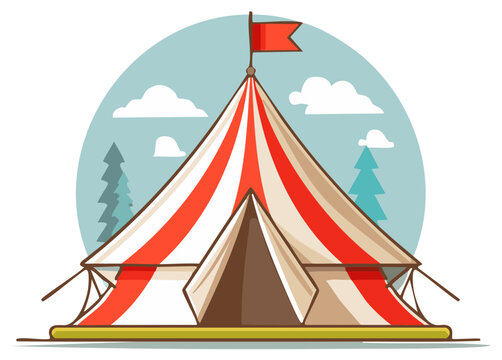 Classic Red White Striped Circus Tent Big Top with Flag Outdoor Event Illustration