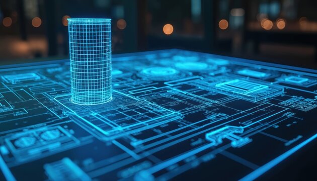 Glowing blueprint displays intricate technological plans. Digital tower emerges from complex circuit diagrams. This futuristic design represents innovation, future development within modern workspace.