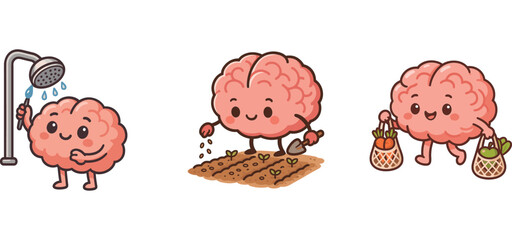cute brain character taking eco shower and saving water