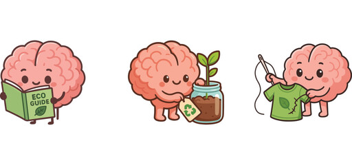 cute brain character recycling glass and metal waste