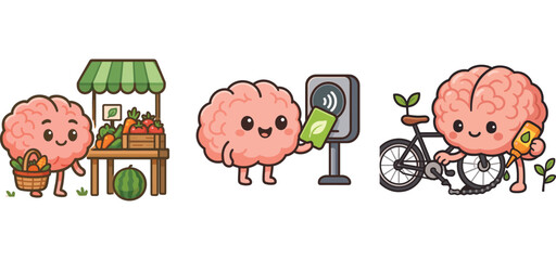 cute brain character using eco transport and visiting green market