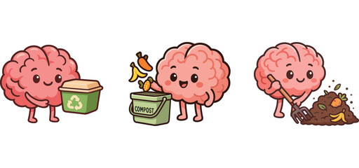 cute brain character composting waste and growing mushrooms