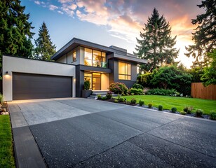 Modern home with large windows and a manicured lawn under a vibrant sunset sky. The driveway leads to the garage