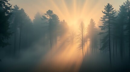 A hyperrealistic panorama of a misty forest at dawn, with ethereal light shafts piercing the fog, creating a mystical and serene atmosphere