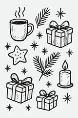 Cozy Christmas Doodle Set — Hand Drawn Festive Sketch Vector Illustration in Black and White