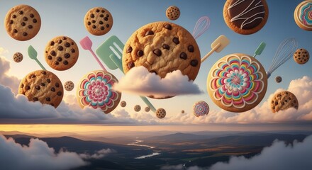 A whimsical dreamscape of floating chocolate chip cookies and baking utensils over a serene mountain landscape at sunset