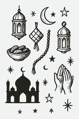 Ramadan and Eid Doodle Set — Hand Drawn Islamic Festive Sketch Vector Illustration in Black and White