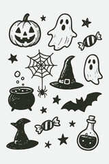 Halloween Doodle Vector Set — Hand Drawn Spooky Festive Sketch Illustration in Black and White
