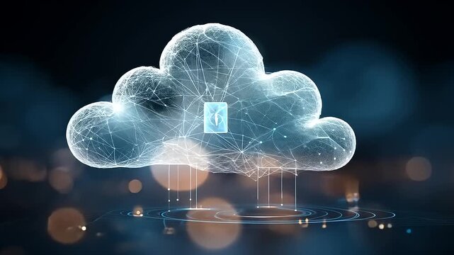 Futuristic cloud computing concept with digital connections, glowing lights, and abstract background