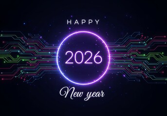 Happy new year 2026 digital circuit neon glowing card