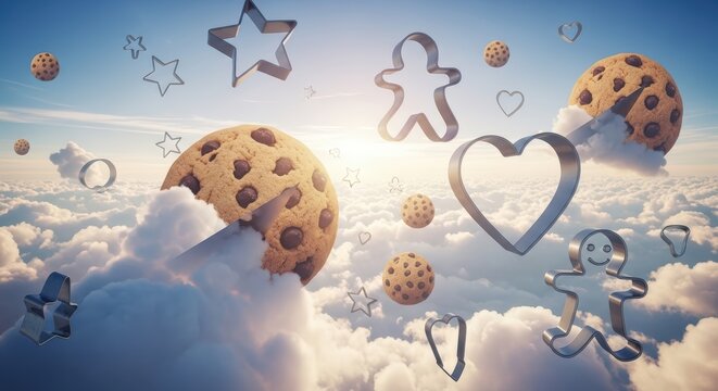 A surreal dreamscape of chocolate chip cookies and shiny cutters floating through heavenly clouds at sunrise