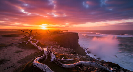Driftwood on cliff edge overlooking ocean waves crashing at sunset with colorful sky above horizon line