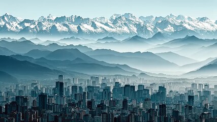 Majestic mountain range overlooking a sprawling cityscape under a serene blue sky at dawn
