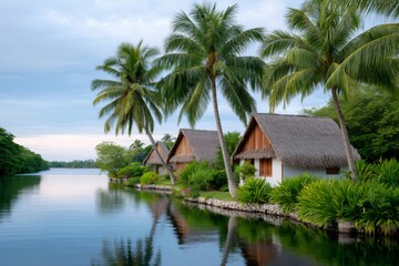 Tropical bungalows lining calm water with palm trees