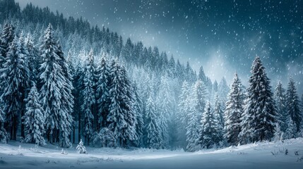 Snow falling gently over a serene winter forest landscape with snow covered trees, winter blurred snowfall background