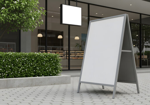 Sidewalk sign mockup outside a restaurant or cafe, perfect for showcasing daily specials or promotions to attract customers and enhance brand visibility in a bustling urban setting
