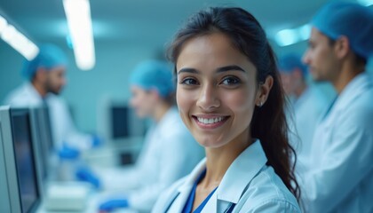 Young Indian female doctor smiles in hospital lab with diverse team working behind her. Medical professionals collaborate on research in clinic setting. Healthcare workers use computers and equipment.