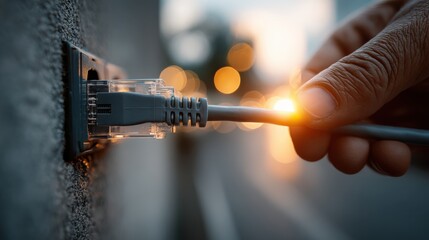 A hand connects an Ethernet cable to a wall socket, symbolizing technology and connectivity in a modern setting with a warm, blurred background.