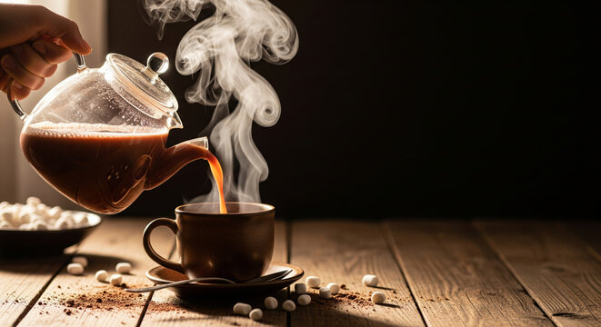 A hand pours comforting hot chocolate from a glass teapot into a steaming mug on a wooden table - Powered by Adobe