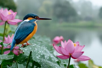 Fototapeta premium Kingfisher perching on lotus leaf during rain