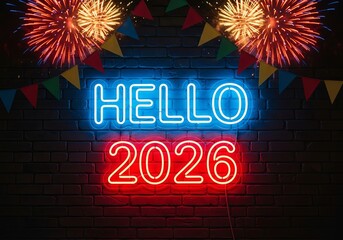 Hello 2026 neon sign with fireworks and party flags