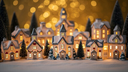 Fototapeta premium Festive miniature village illuminated with warm lights creating a magical holiday atmosphere on a snow-covered ground against a bokeh background