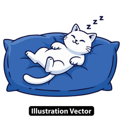 Cute white cat sleeping peacefully on a large blue pillow, adorable pet illustration