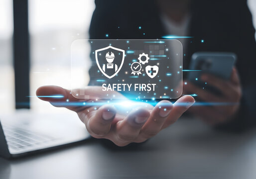 Safety first concept with a person holding a virtual screen displaying safety icons, emphasizing the importance of security and protection in various aspects of life