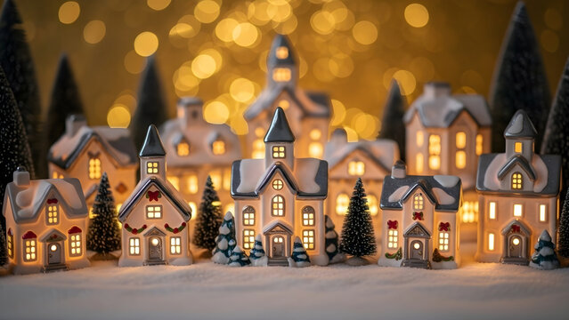 Festive miniature village illuminated with warm lights creating a magical holiday atmosphere on a snow-covered ground against a bokeh background - Powered by Adobe