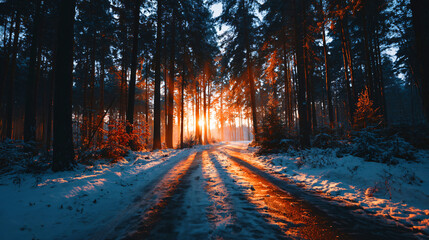 Winter forest road with snow and sunlight shining through tall trees
