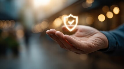 A hand holds a glowing shield symbol, representing security and trust, with a blurred background of warm lights.