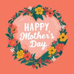 Happy mothers day floral wreath with heart shape and coral background