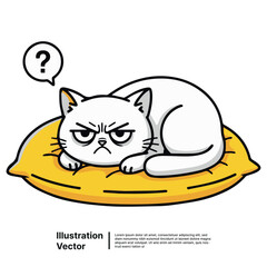 Cute grumpy white cat resting on a yellow pillow with a question mark illustration