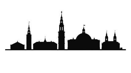 The silhouette of a city skyline with various architectural structures.