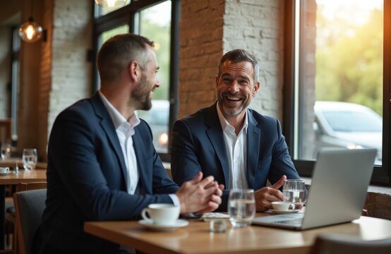 Two men in suits have a business meeting in a cafe. They talk and laugh over coffee and drinks with a laptop on the table. This looks like a work discussion.