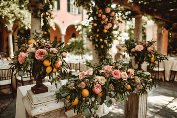Italian wedding decoration. Green eucalyptus, oranges and pink flowers decorate wedding altar