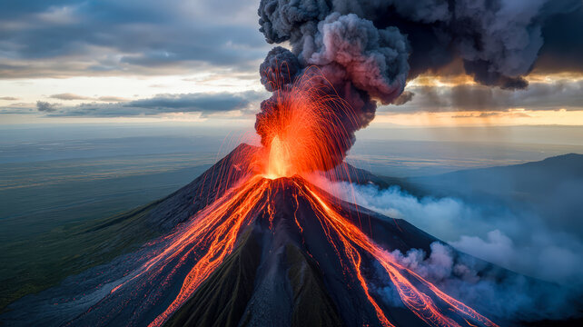 Volcanic eruption with fiery lava flow and ash plume at sunset