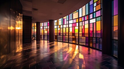 Contemporary interior of a building featuring oversized vibrant stained glass panels integrated into the architecture and transforming the atmosphere with coloured light light at the end of the tunnel