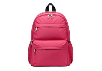 A vibrant pink backpack with multiple zippered compartments and padded straps perfect for school or travel isolated on transparent background