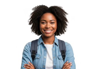Smiling young african american woman with curly hair wearing a denim shirt and backpack isolated on transparent background