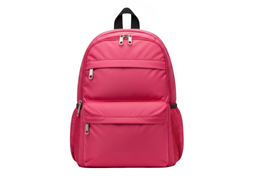 A vibrant pink backpack with multiple zippered compartments and padded straps perfect for school or travel isolated on transparent background