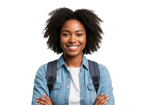 Smiling young african american woman with curly hair wearing a denim shirt and backpack isolated on transparent background
