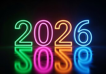 Bright colorful 2026 neon sign with reflective surface