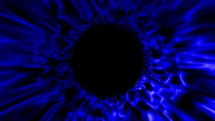 Glowing neon blue energy vortex with fluid motion and black hole center in abstract digital design