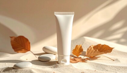 Cosmetic cream tube on a sandy surface with dried leaves and pebbles, creating a serene and natural aesthetic